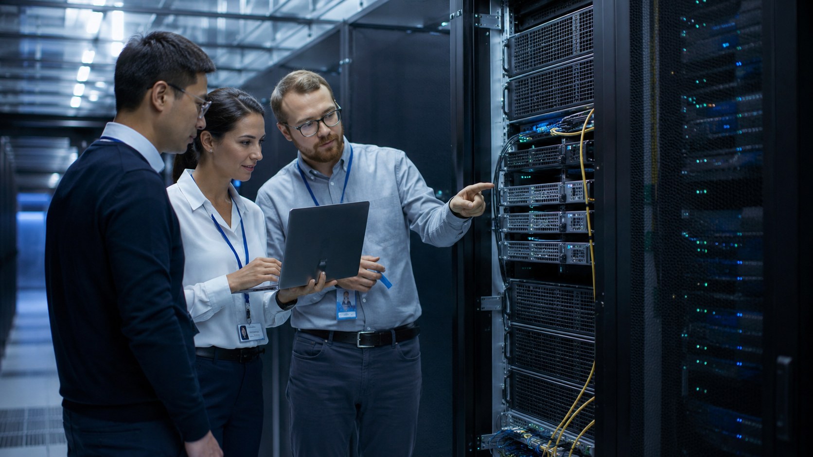 RCS team reviewing technology infrastructure inside a data center