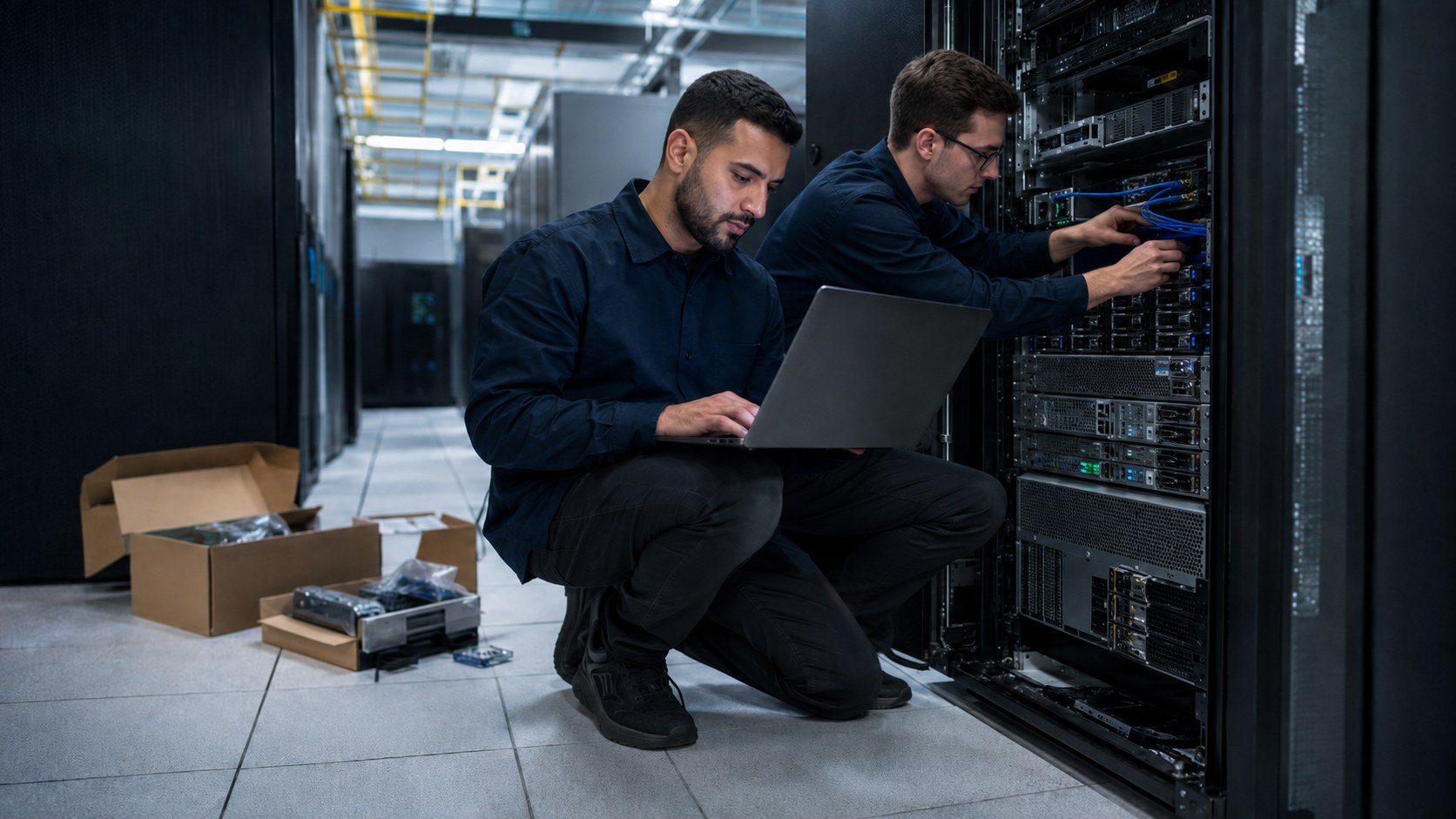 Engineers coordinating project execution beside server racks